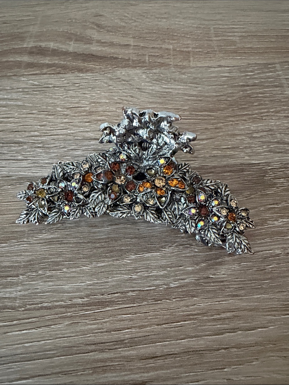 Silver Floral Crystal Hair Clip with Amber and Iridescent Stones